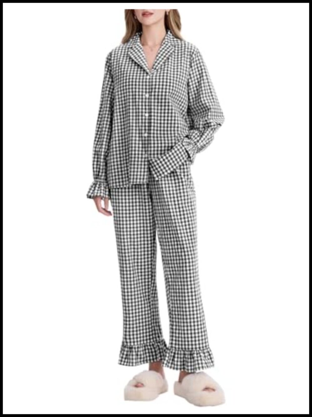 Womens 100% Cotton Gingham Pajama Set Ruffle Sleeve Lounge Sleepwear 2 Piece